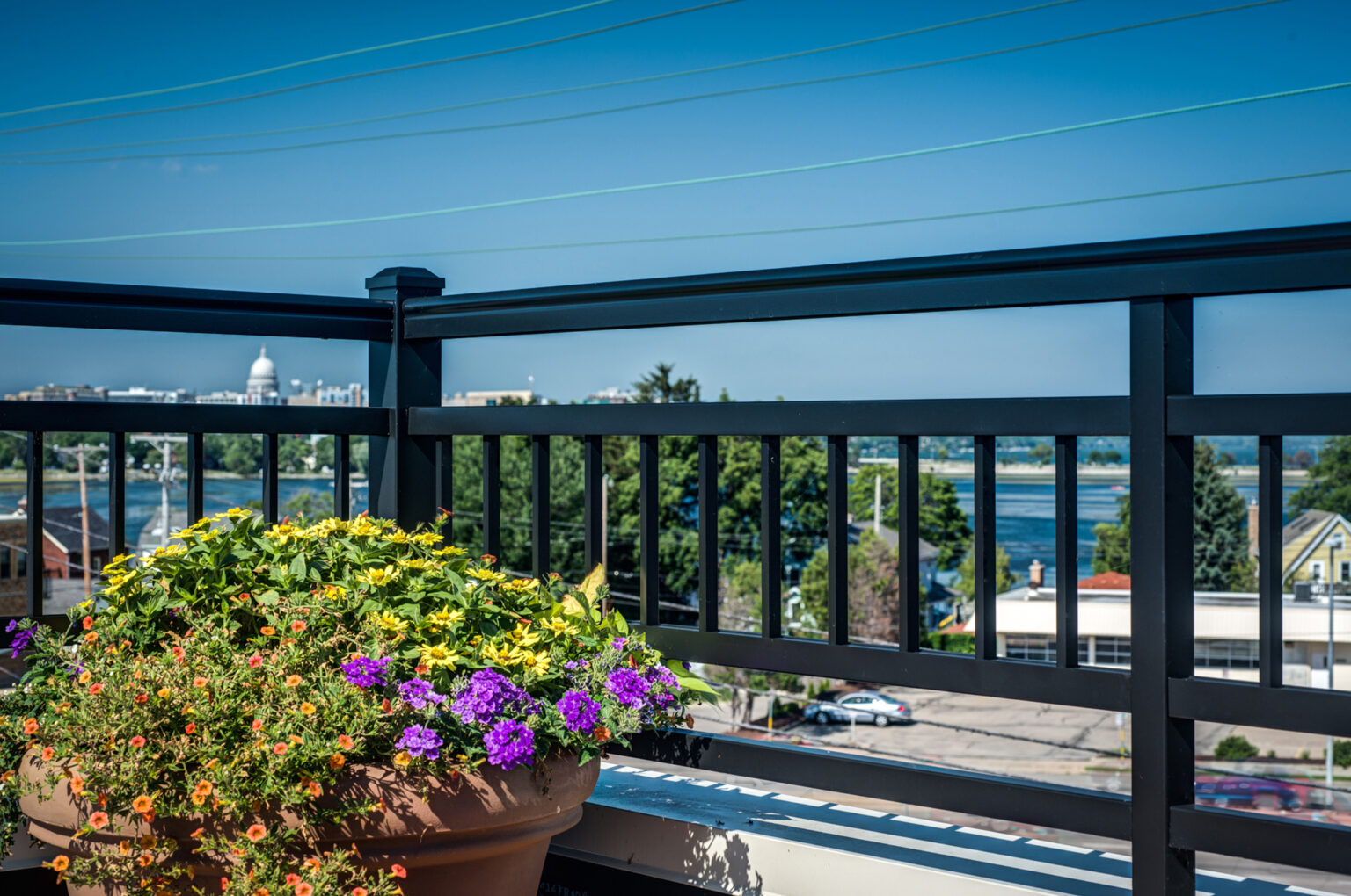Black aluminum railing with flowerpot and cityscape background on rooftop