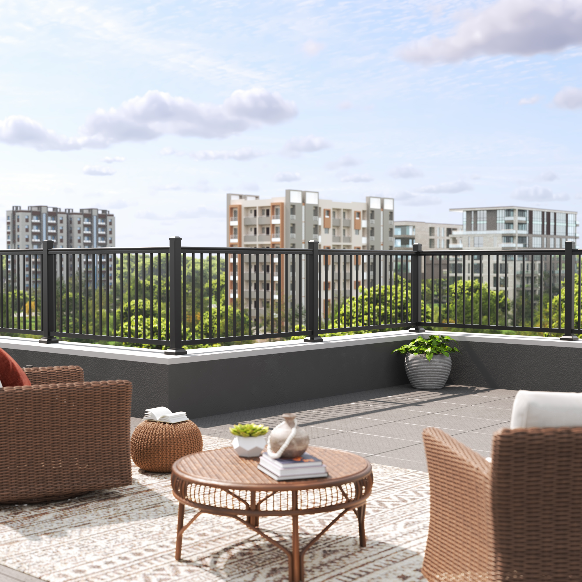 Black metal railing with vertical bars enclosing rooftop terrace with city buildings in background