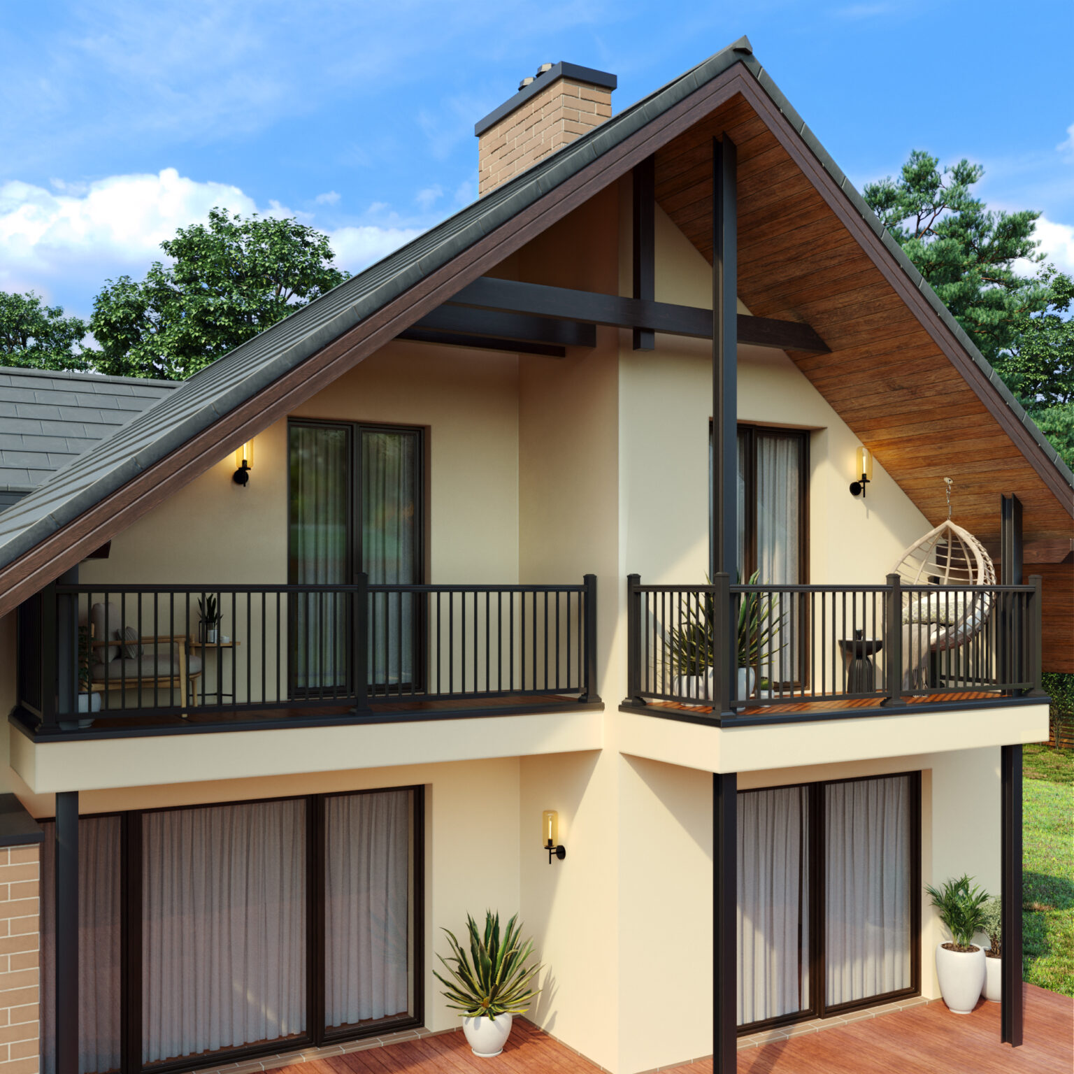 Black aluminum deck railing on modern two-story house balcony