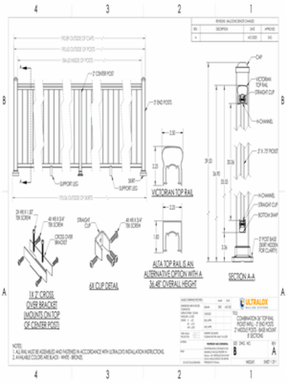 Combo 36in Top Rail Picket Infill 3in End Posts 2in Middle Posts Base Mount 8ft Sections