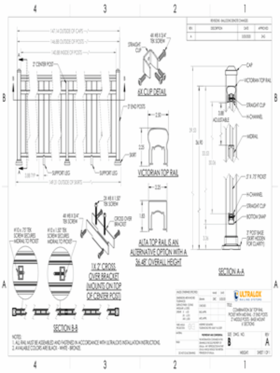 Combo 36in Top Rail Picket with Mid Rail 3in End Posts 2in Middle Posts Base Mount 6ft Sections