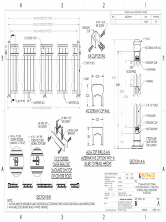Combo 36in Top Rail Picket with Mid Rail 3in End Posts 2in Middle Posts Base Mount 8ft Sections