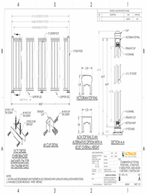 Combo 42in Top Rail Picket Infill 3in End Posts 2in Middle Posts Base Mount 6ft Sections 2in Bottom Gap