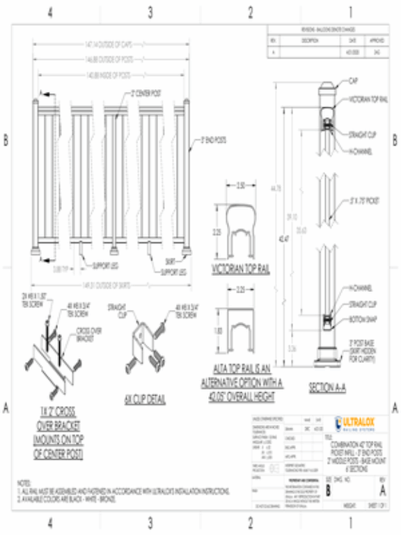 Combo 42in Top Rail Picket Infill 3in End Posts 2in Middle Posts Base Mount 6ft Sections