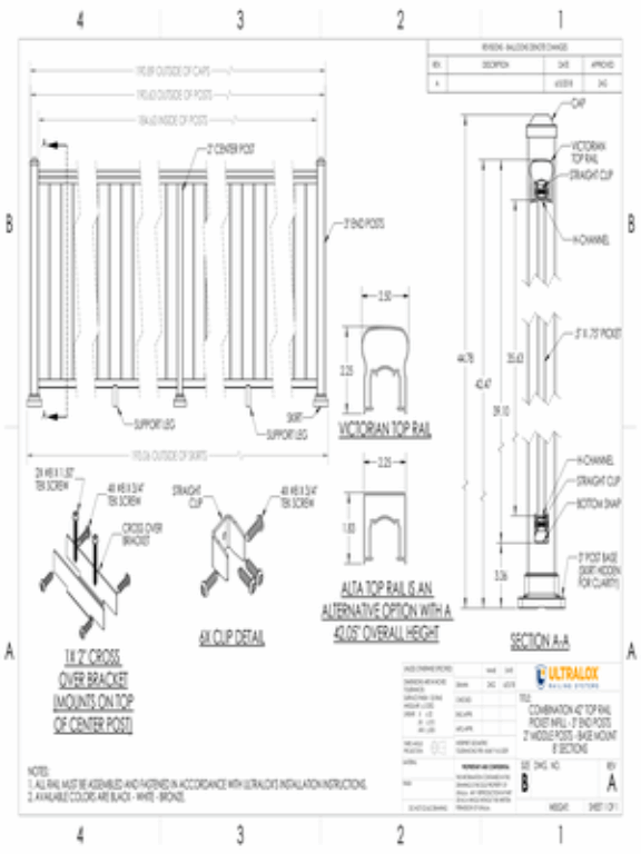 Combo 42in Top Rail Picket Infill 3in End Posts 2in Middle Posts Base Mount 8ft Sections