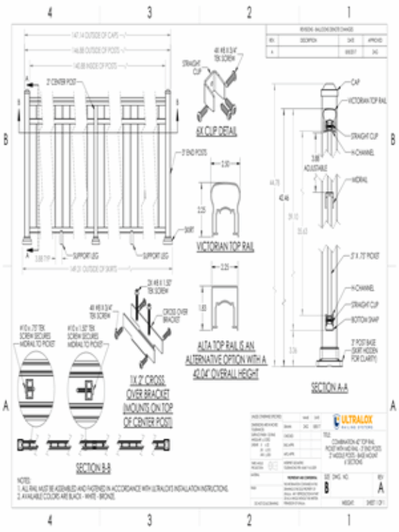 Combo 42in Top Rail Picket with Mid Rail 3in End Posts 2in Middle Posts Base Mount 6ft Sections