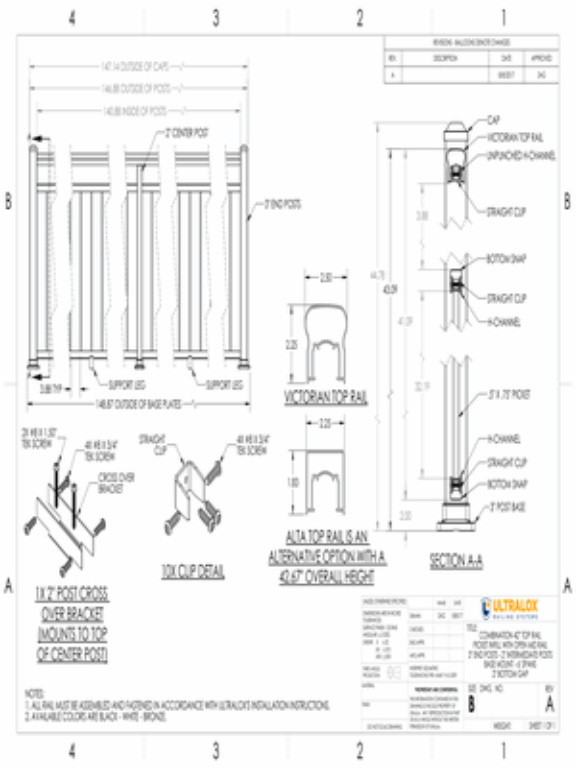 Combo 42in Top Rail Picket with Open Mid Rail 3in End Posts 2in Middle Posts Base Mount 6ft Spans 2in Bottom Gap