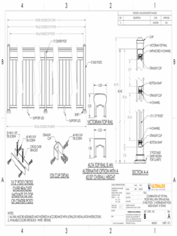 Combo 42in Top Rail Picket with Open Mid Rail 3in End Posts 2in Middle Posts Base Mount 8ft Spans