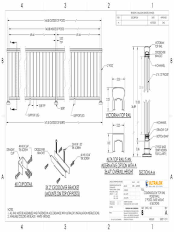 Continuous 36in Top Rail Picket Infill 2in Posts Base Mount 6ft Sections