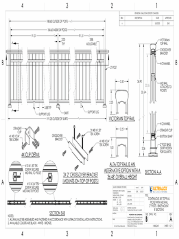 Continuous 36in Top Rail Picket with Mid Rail 2in Posts Base Mount 8ft Sections