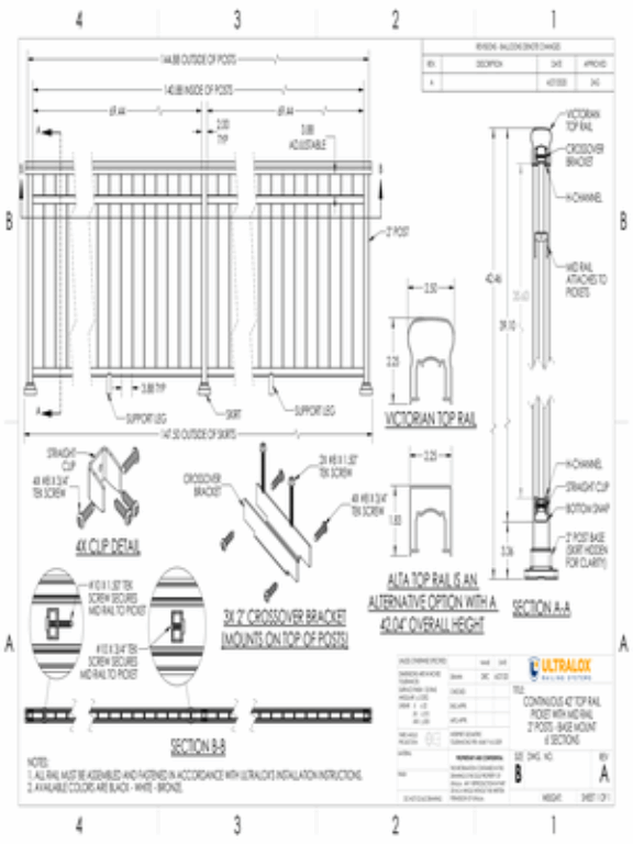 Continuous 42in Top Rail Picket with Mid Rail 2in Posts Base Mount 6ft Sections
