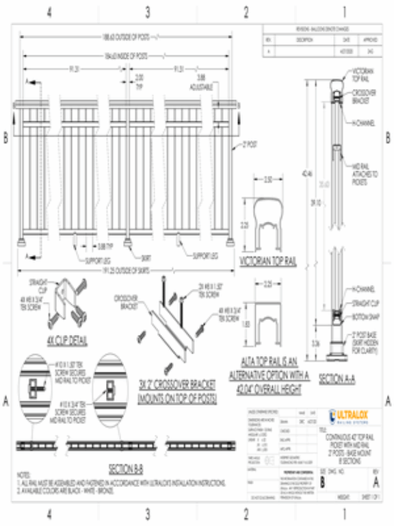 Continuous 42in Top Rail Picket with Mid Rail 2in Posts Base Mount 8ft Sections