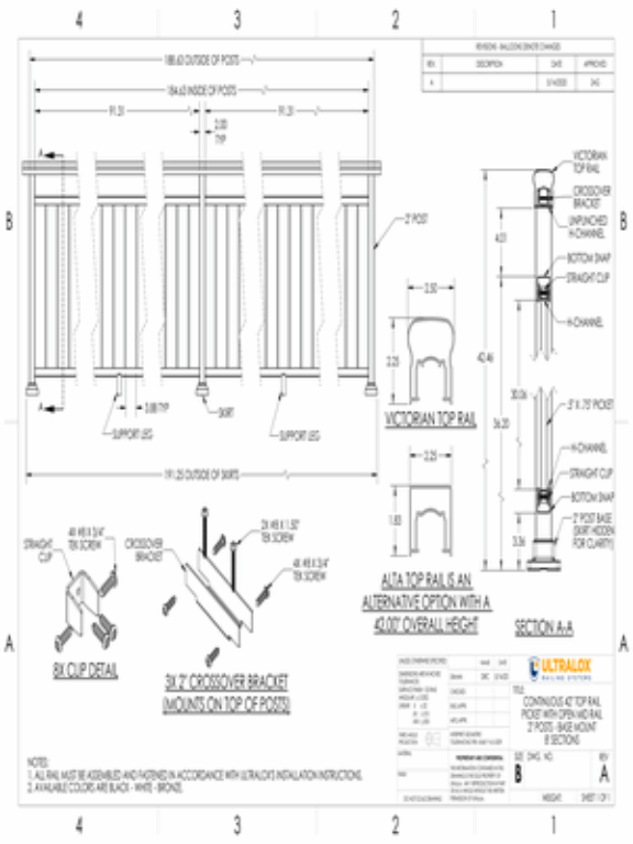 Continuous 42in Top Rail Picket with Open Mid Rail 2in Posts Base Mount 8ft Sections