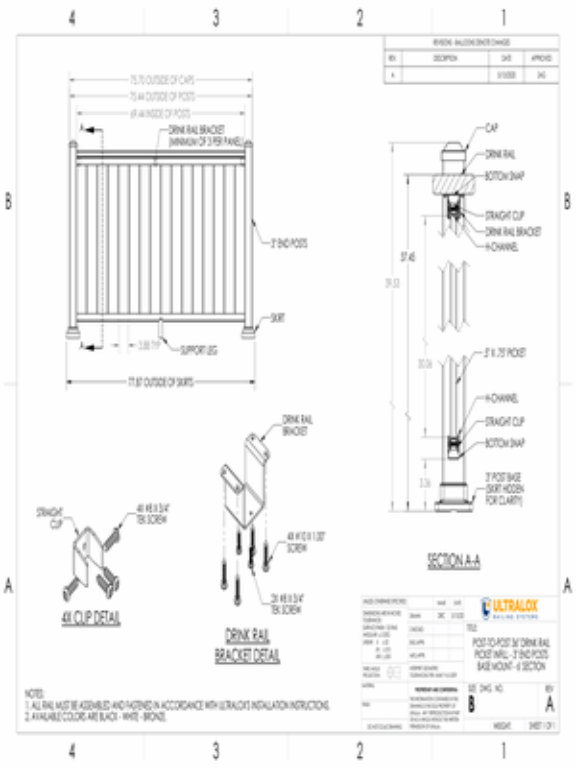Post to Post 36in Drink Rail Picket Infill 3in End Posts Base Mount 6ft Section