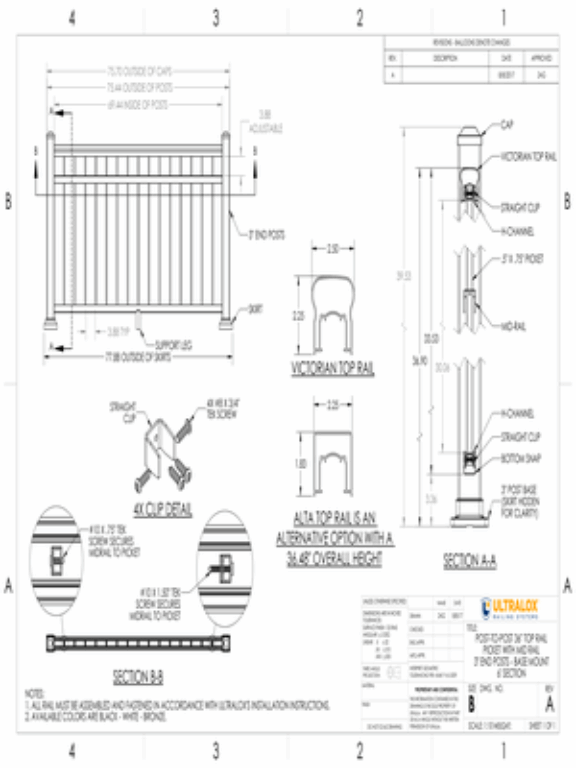 Post to Post 36in Top Rail Picket with Mid Rail 3in End Posts Base Mount 6ft Section