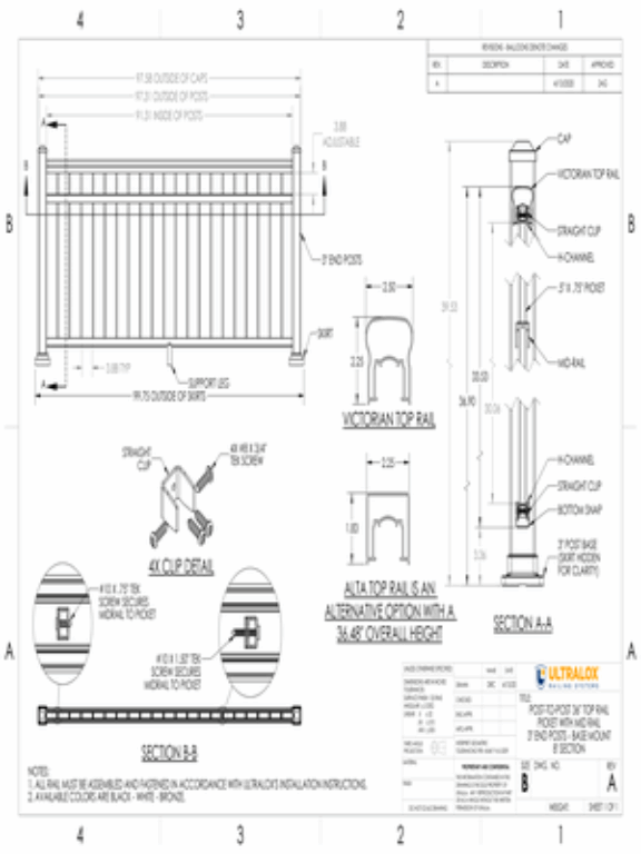 Post to Post 36in Top Rail Picket with Mid Rail 3in End Posts Base Mount 8ft Section