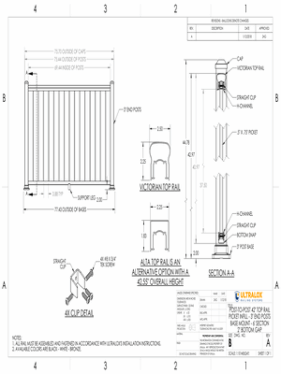Post to Post 42in Top Rail Picket Infill 3in End Posts Base Mount 6ft Section 2in Bottom Gap