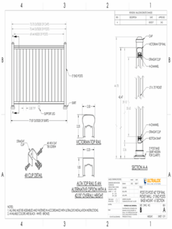 Post to Post 42in Top Rail Picket Infill 3in End Posts Base Mount 6ft Section