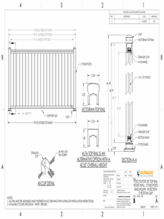 Post to Post 42in Top Rail Picket Infill 3in End Posts Base Mount 8ft Section 2in Bottom Gap