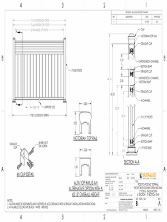Post to Post 42in Top Rail Picket with Double Open Mid Rail 3in End Posts Base Mount 6ft Section 2in Bottom Gap