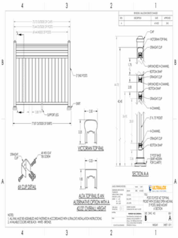 Post to Post 42in Top Rail Picket with Double Open Mid Rail 3in End Posts Base Mount 6ft Section