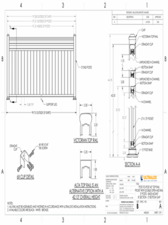 Post to Post 42in Top Rail Picket with Double Open Mid Rail 3in End Posts Base Mount 8ft Section 2in Bottom Gap