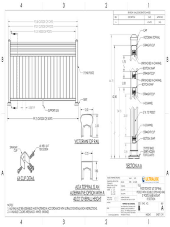 Post to Post 42in Top Rail Picket with Double Open Mid Rail 3in End Posts Base Mount 8ft Section