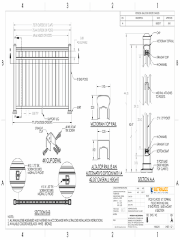 Post to Post 42in Top Rail Picket with Mid Rail 3in End Posts Base Mount 6ft Section