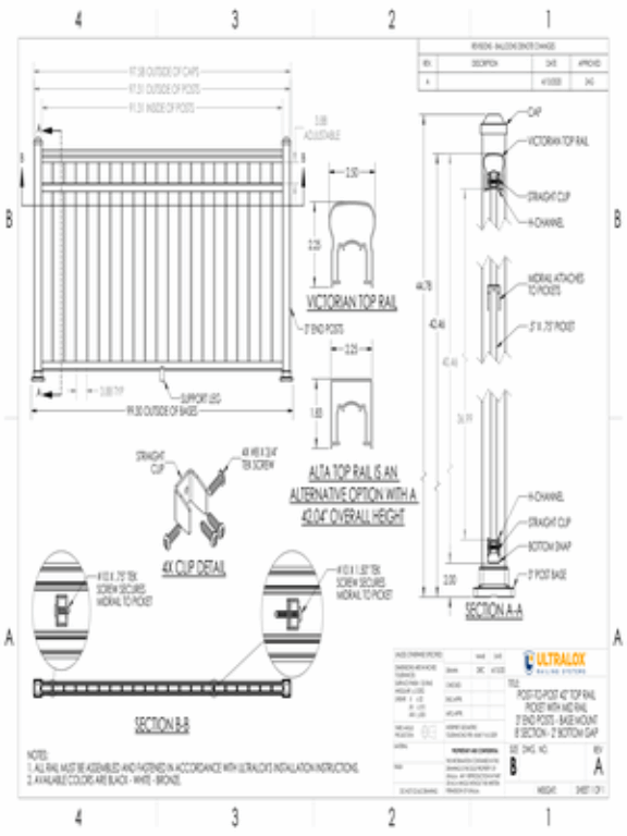 Post to Post 42in Top Rail Picket with Mid Rail 3in End Posts Base Mount 8ft Section 2in Bottom Gap