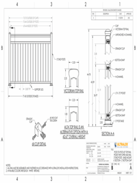Post to Post 42in Top Rail Picket with Open Mid Rail 3in End Posts Base Mount 6ft Section 2in Bottom Gap