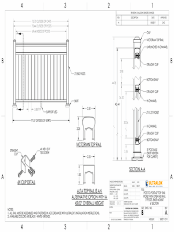 Post to Post 42in Top Rail Picket with Open Mid Rail 3in End Posts Base Mount 6ft Section