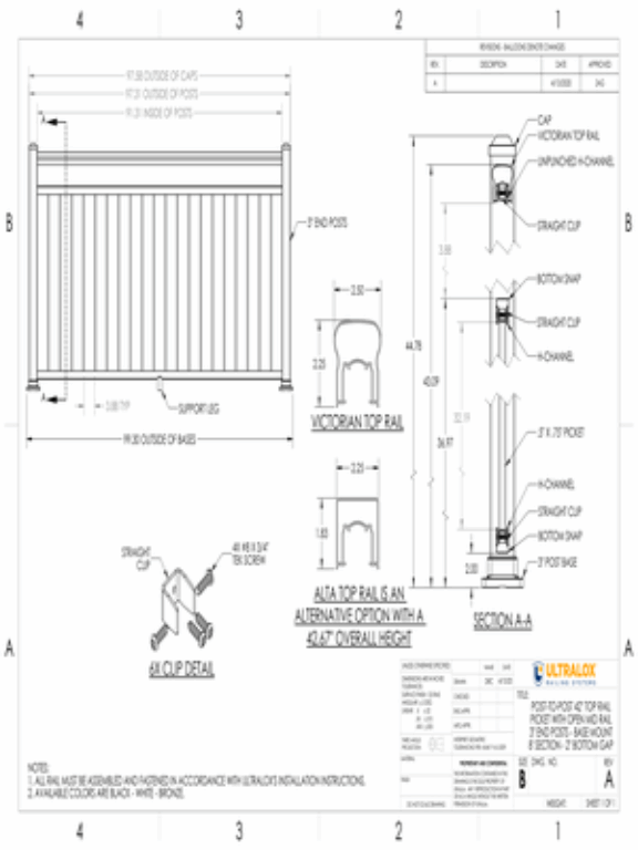 Post to Post 42in Top Rail Picket with Open Mid Rail 3in End Posts Base Mount 8ft Section 2in Bottom Gap