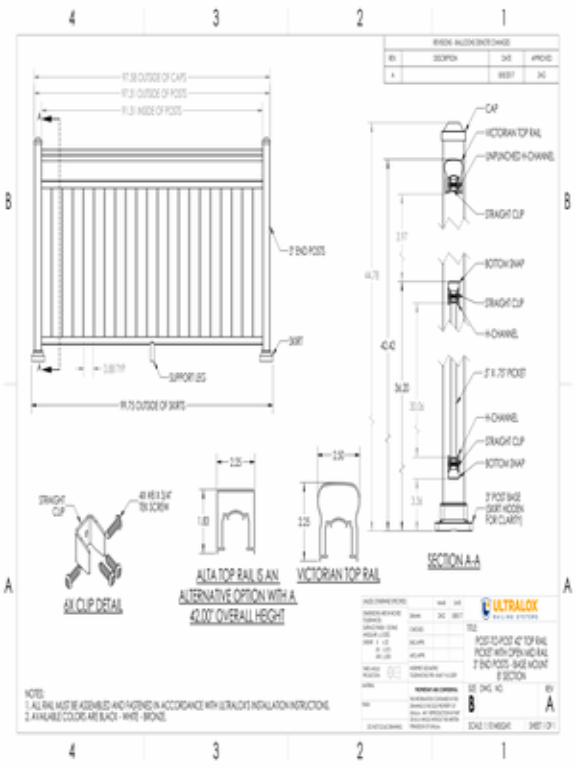 Post to Post 42in Top Rail Picket with Open Mid Rail 3in End Posts Base Mount 8ft Section